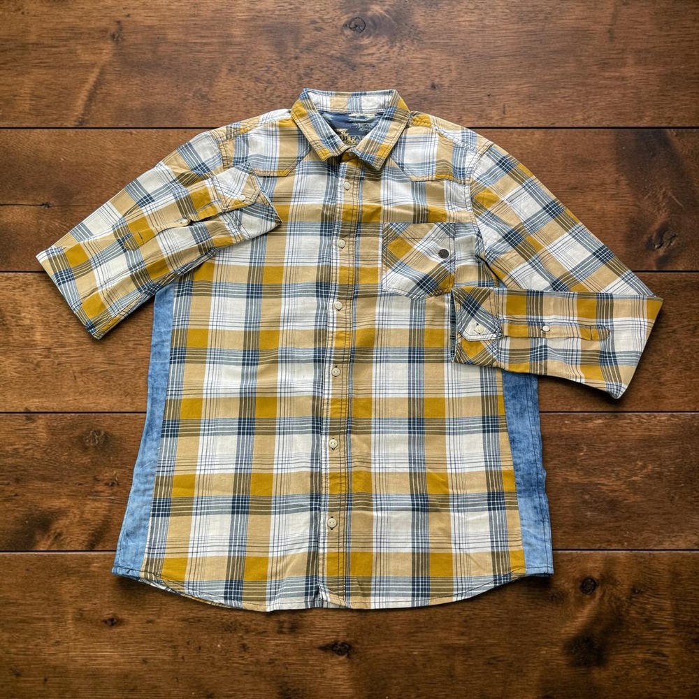 Buffalo David Bitton Mens Plaid Denim Side Panel Western Workwear Shirt Yellow M